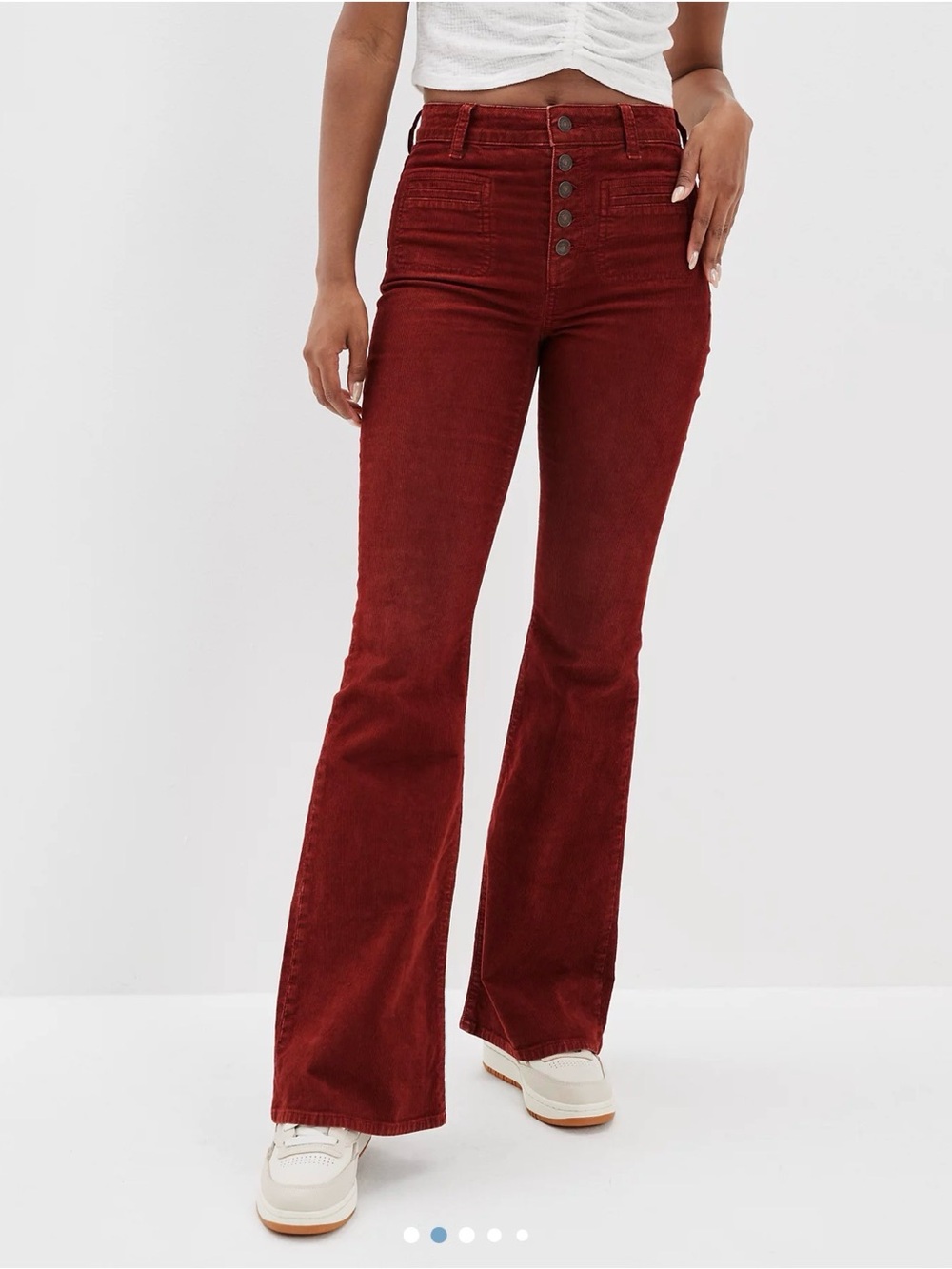 American Eagle Outfitters High-Rise Corduroy Flare Pants in Burgundy